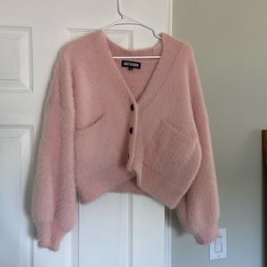 Pink furry oversized cropped cardigan